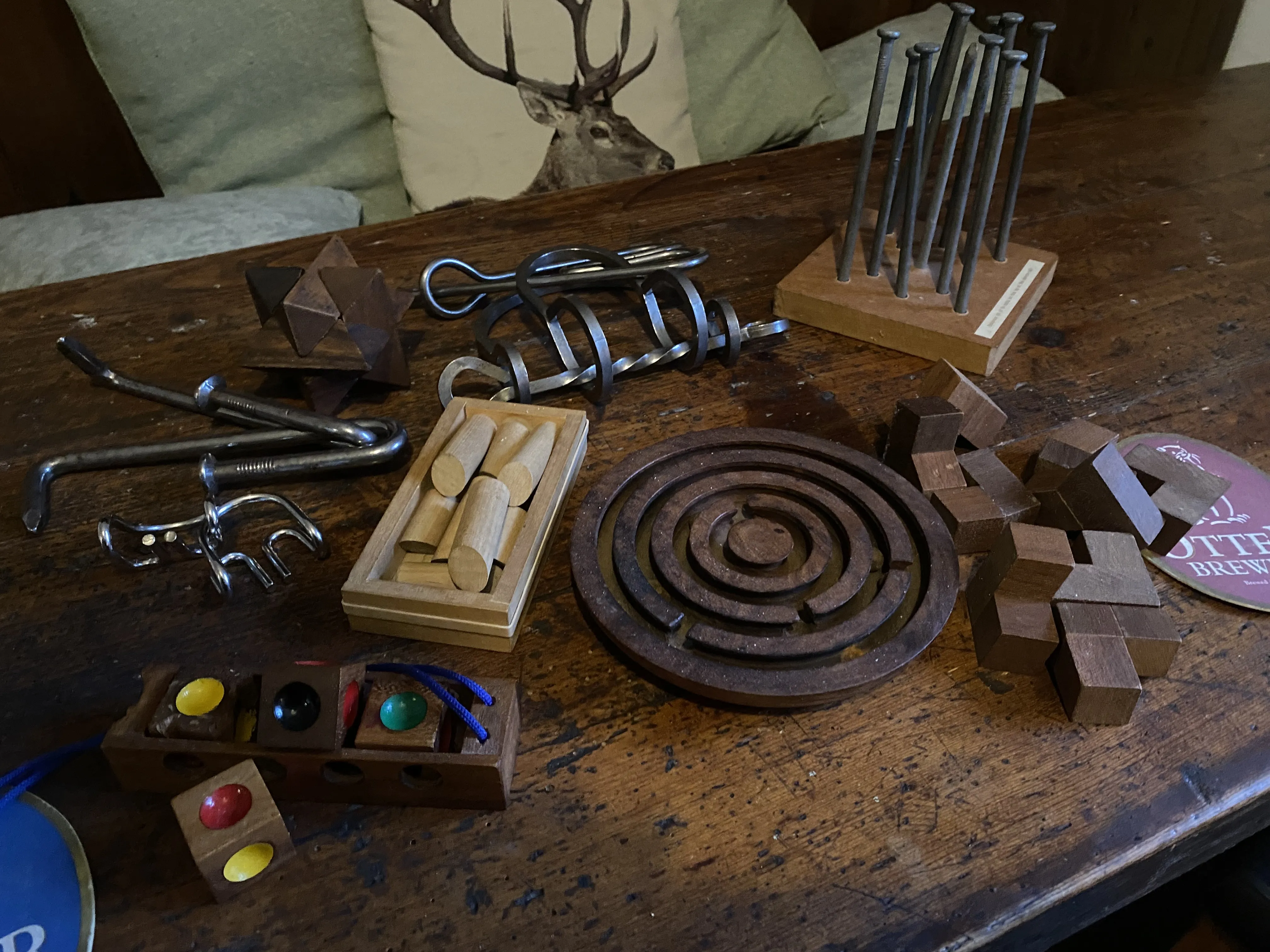 Various pub games placed on table.
